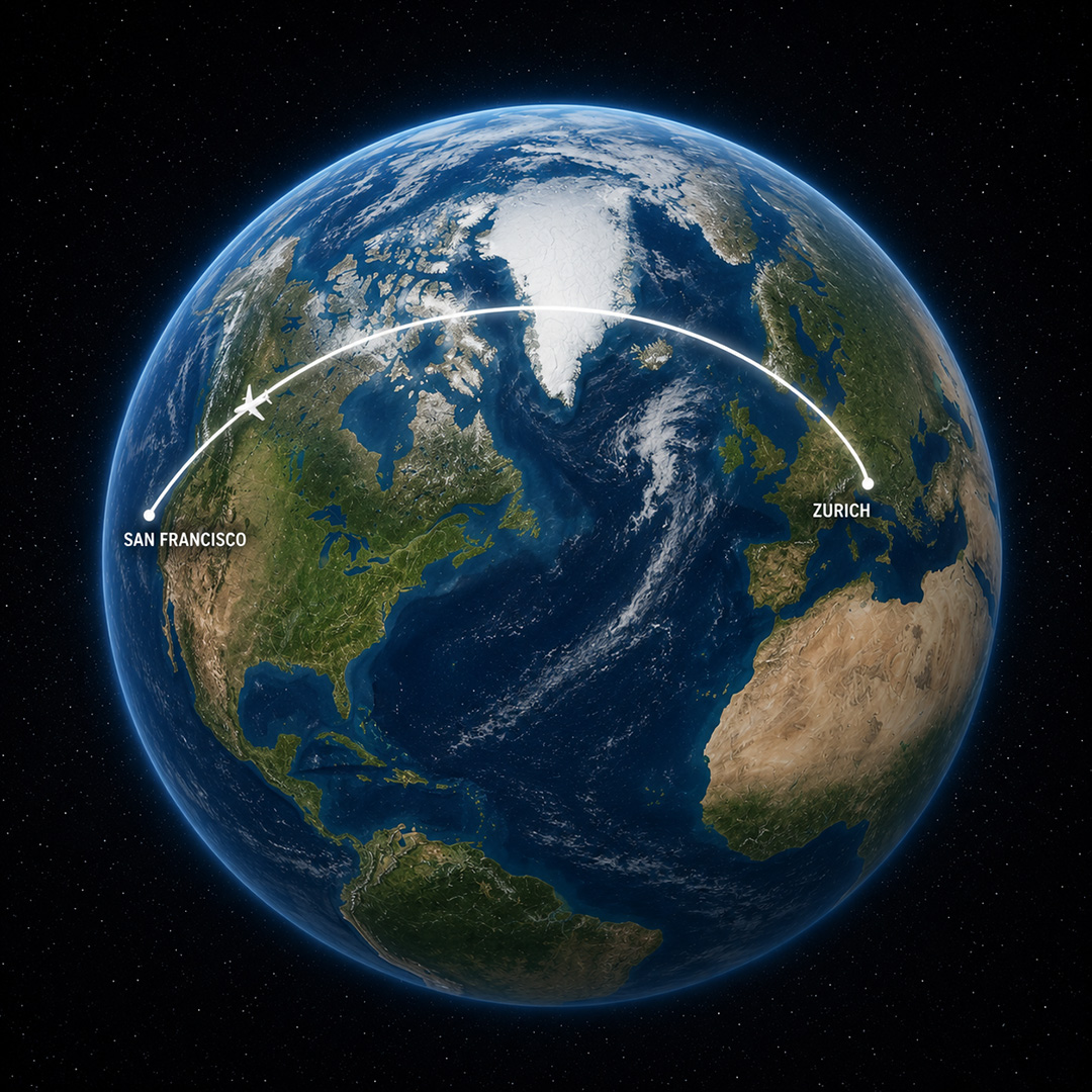 Illustration of a globe with a curved flight path arcing over Greenland between Zürich and San Francisco, with latitude and longitude grid lines visible and the Haversine formula overlaid.