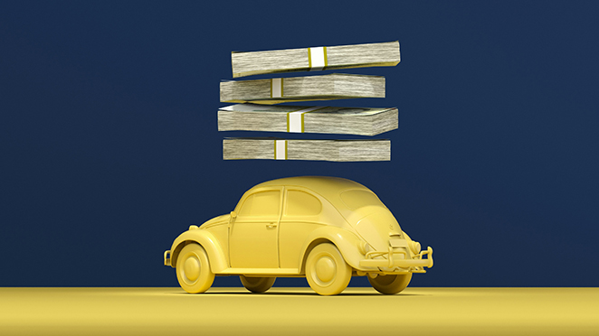 Stylized yellow Volkswagen Beetle on a yellow floor against a dark blue background, with four banded stacks of cash floating above the roof, suggesting the cost of owning a car