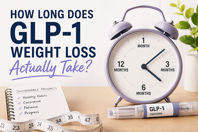 GLP-1 weight loss timeline: lavender alarm clock marked 1, 3, 6, and 12 months beside a GLP-1 injectable pen, measuring tape, and a notebook checklist for sustainable progress.