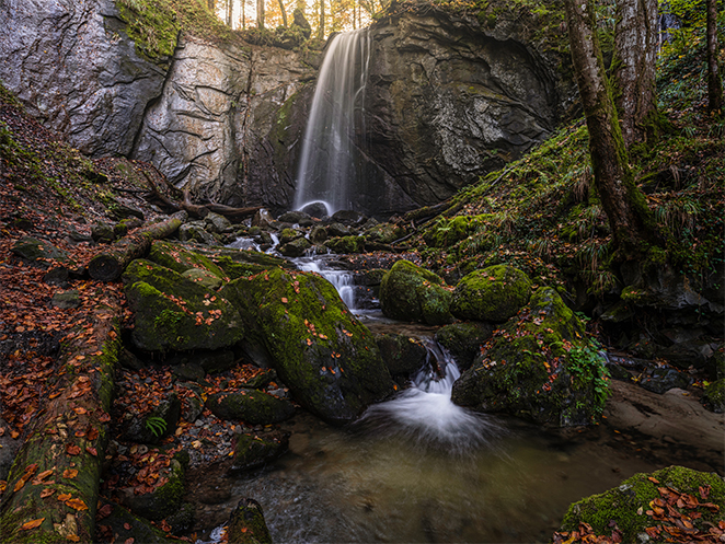 Forest waterfall with silky blurred water from a long exposure, mossy rocks and autumn leaves in the foreground
