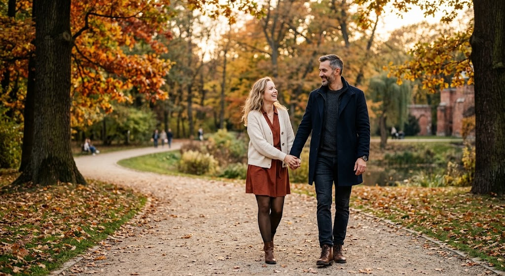 A smiling couple walking hand in hand on a gravel path through an autumn park, trees in yellow and orange, soft late-afternoon light.