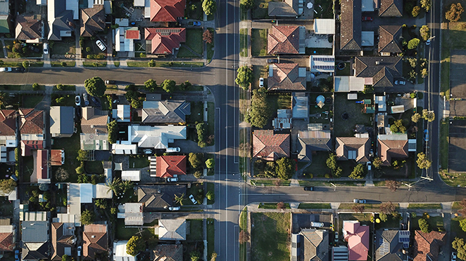 Aerial view of a residential neighborhood.