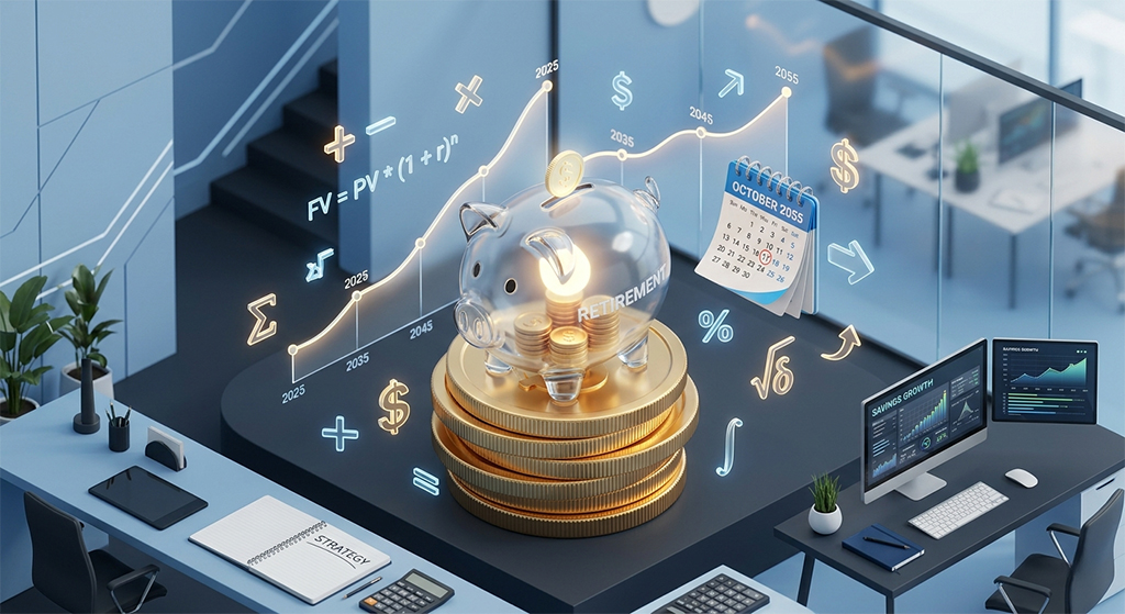 Conceptual illustration of retirement planning math: a glass piggy bank labeled Retirement on stacked gold coins, surrounded by glowing formulas such as compound interest, a multi-decade growth chart, and savings charts on office monitors.