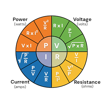 Ohm's Law Wheel showing formulas for Voltage, Current, Resistance, and Power: V = R×I, P/I, √(P×R); I = V/R, P/V, √(P/R); R = V/I, V²/P, P/I²; P = V²/R, R×I², V×I